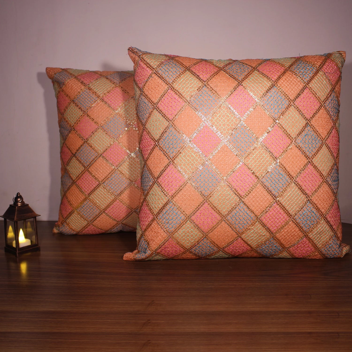 BYFT Orchard Cushion Cover 18 x 18 inch (Diagonal Checks Design - Peach) 45 x 45 cm Luxury Decorative Cushion Cover for Sofa, Bed & Living Room - Set of 02