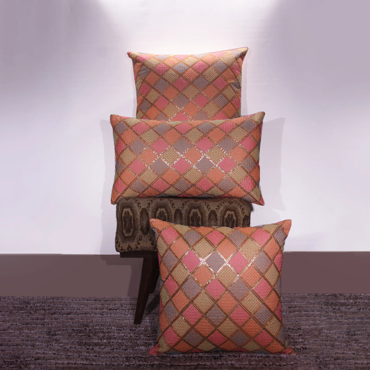 BYFT Orchard Cushion Cover 18 x 18 inch (Diagonal Checks Design - Peach) 45 x 45 cm Luxury Decorative Cushion Cover for Sofa, Bed & Living Room - Set of 02