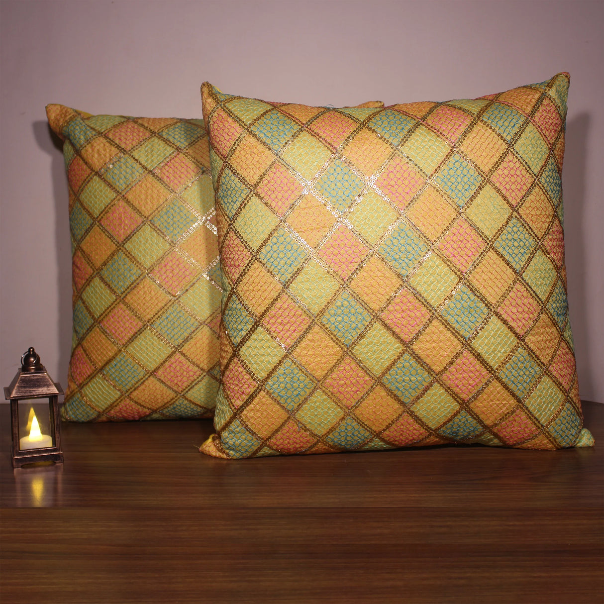 BYFT Orchard Cushion Cover 18 x 18 inch (Diagonal Checks Design - Yellow) 45 x 45 cm Luxury Decorative Cushion Cover for Sofa, Bed & Living Room - Set of 02