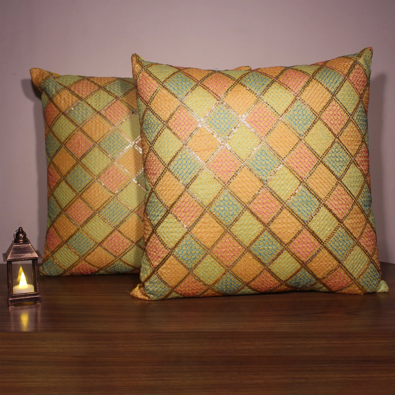 BYFT Orchard Cushion Cover 18 x 18 inch (Diagonal Checks Design - Yellow) 45 x 45 cm Luxury Decorative Cushion Cover for Sofa, Bed & Living Room - Set of 02