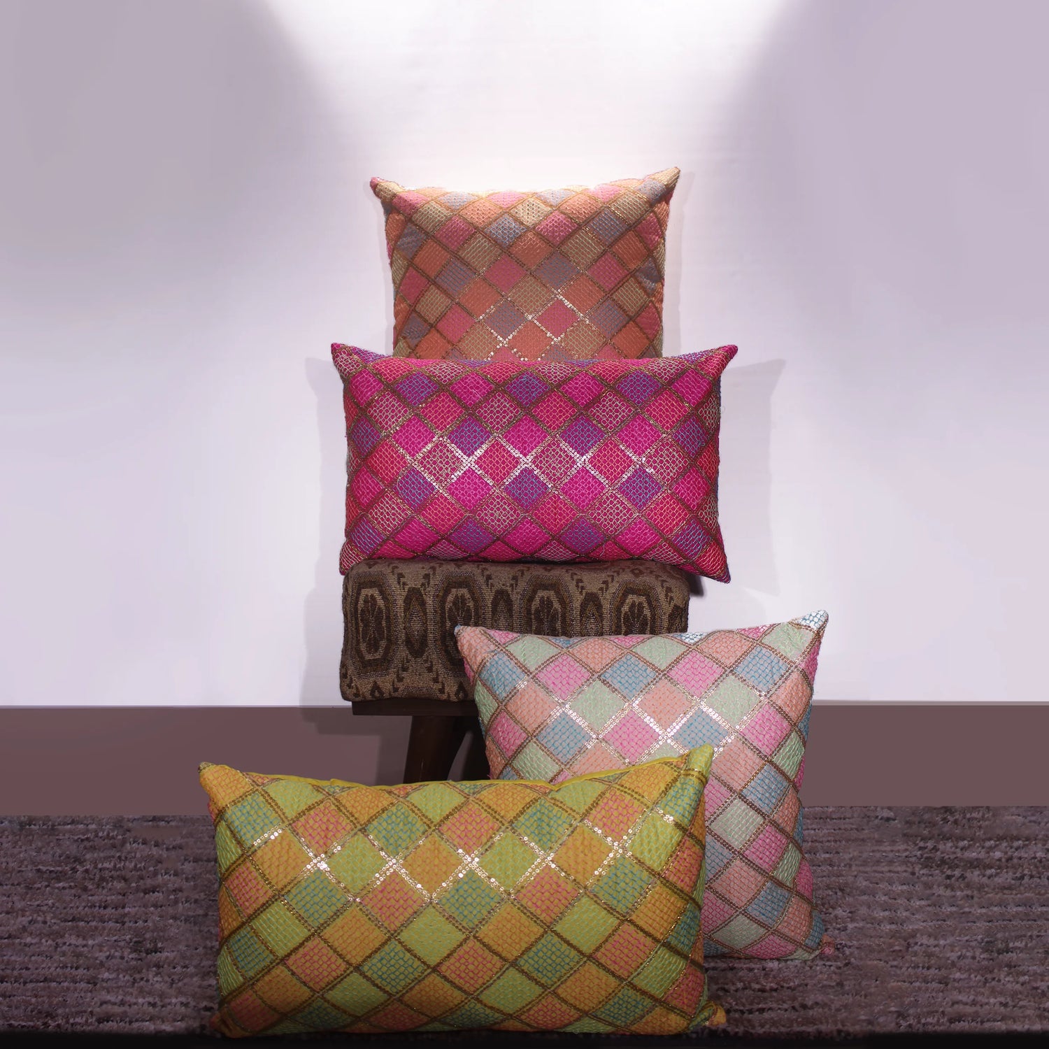 BYFT Orchard Cushion Cover 18 x 18 inch (Diagonal Checks Design - Yellow) 45 x 45 cm Luxury Decorative Cushion Cover for Sofa, Bed & Living Room - Set of 02