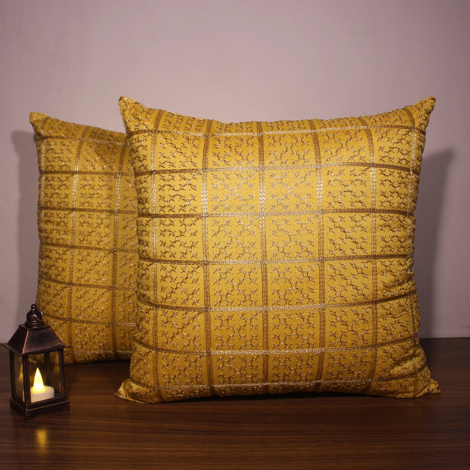 BYFT Orchard Cushion Cover 16 x 16 inch (Golden Checks Design - Yellow) 40 x 40 cm Luxury Decorative Cushion Cover for Sofa, Bed & Living Room - Set of 02