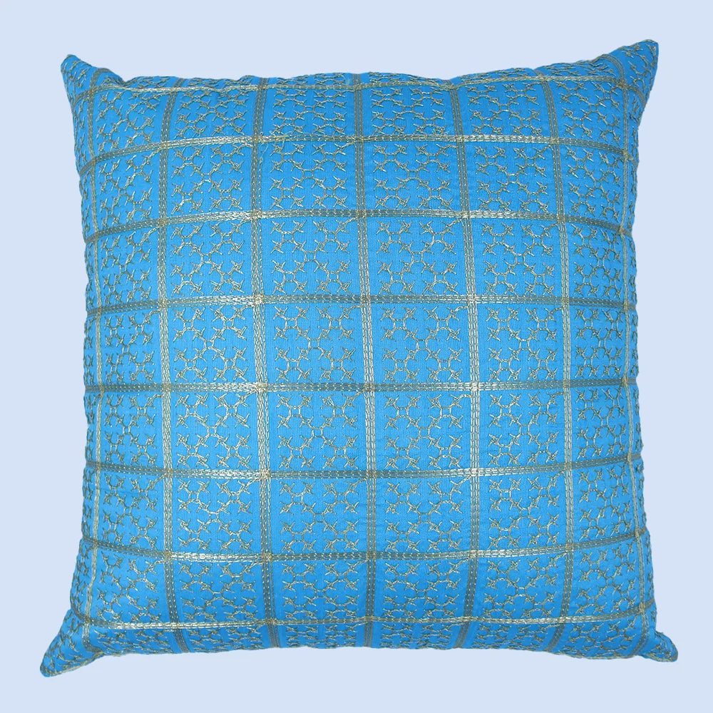 BYFT Orchard Cushion Cover 18 x 18 inch (Golden Checks Design - Blue) 45 x 45 cm Luxury Decorative Cushion Cover for Sofa, Bed & Living Room - Set of 02