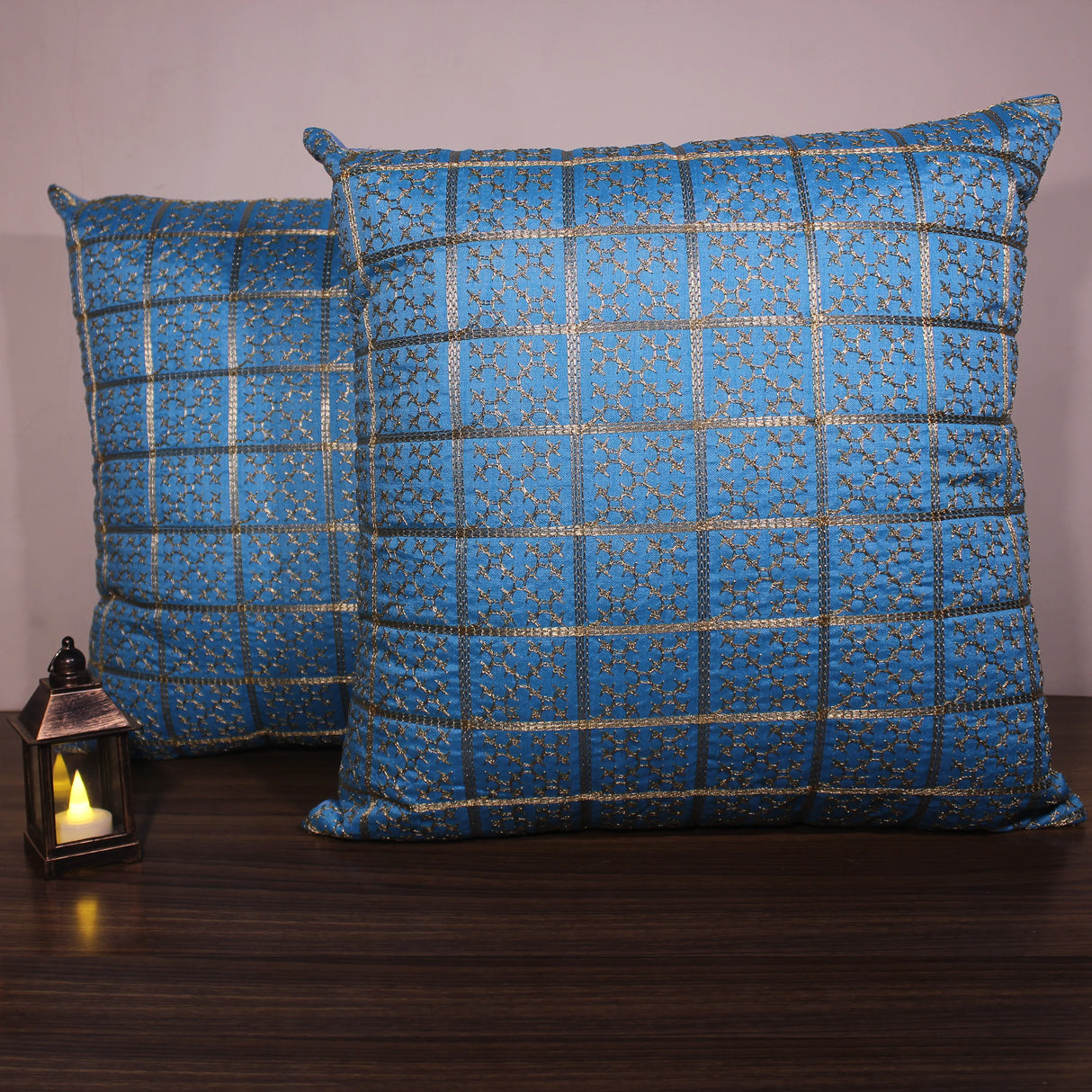 BYFT Orchard Cushion Cover 18 x 18 inch (Golden Checks Design - Blue) 45 x 45 cm Luxury Decorative Cushion Cover for Sofa, Bed & Living Room - Set of 02