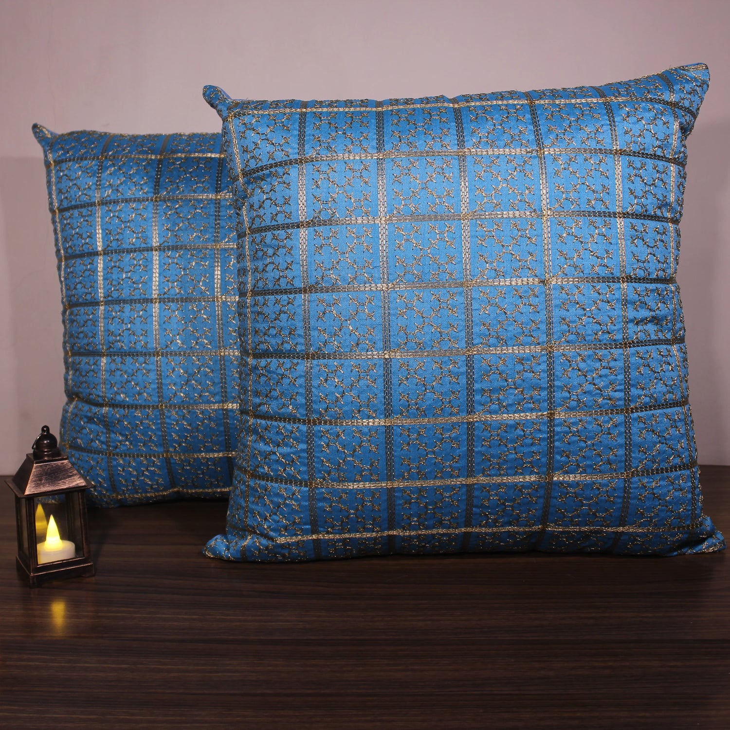 BYFT Orchard Cushion Cover 18 x 18 inch (Golden Checks Design - Blue) 45 x 45 cm Luxury Decorative Cushion Cover for Sofa, Bed & Living Room - Set of 02