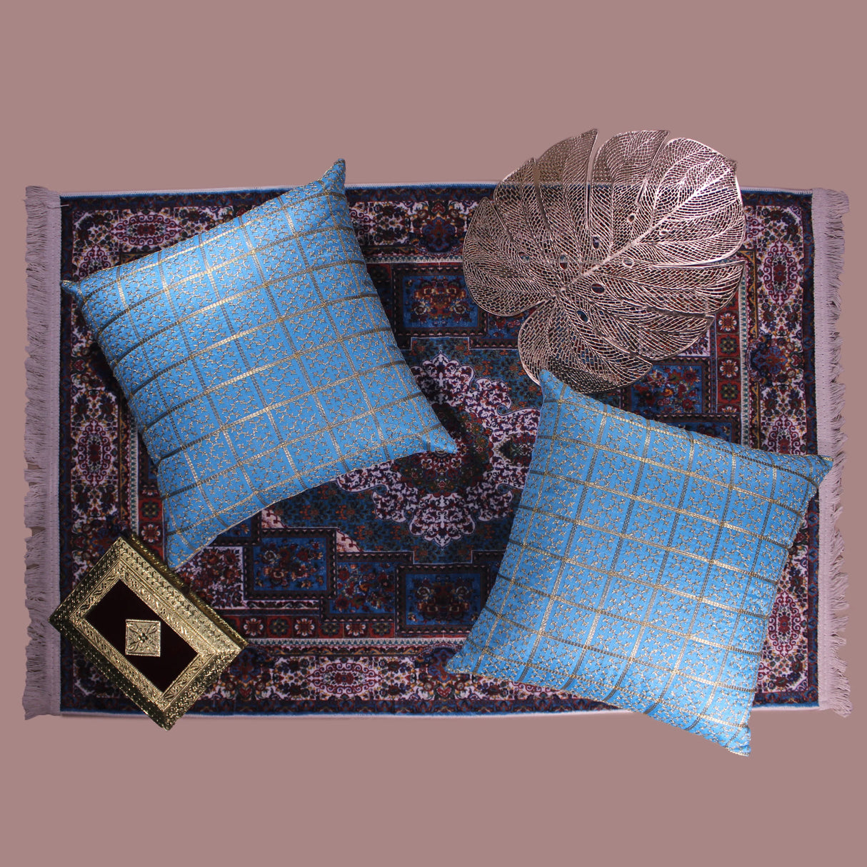 BYFT Orchard Cushion Cover 18 x 18 inch (Golden Checks Design - Blue) 45 x 45 cm Luxury Decorative Cushion Cover for Sofa, Bed & Living Room - Set of 02