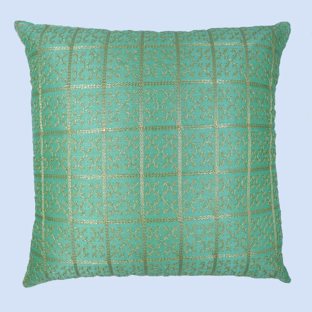 BYFT Orchard Cushion Cover 18 x 18 inch (Golden Checks Design - Green) 45 x 45 cm Luxury Decorative Cushion Cover for Sofa, Bed & Living Room - Set of 02