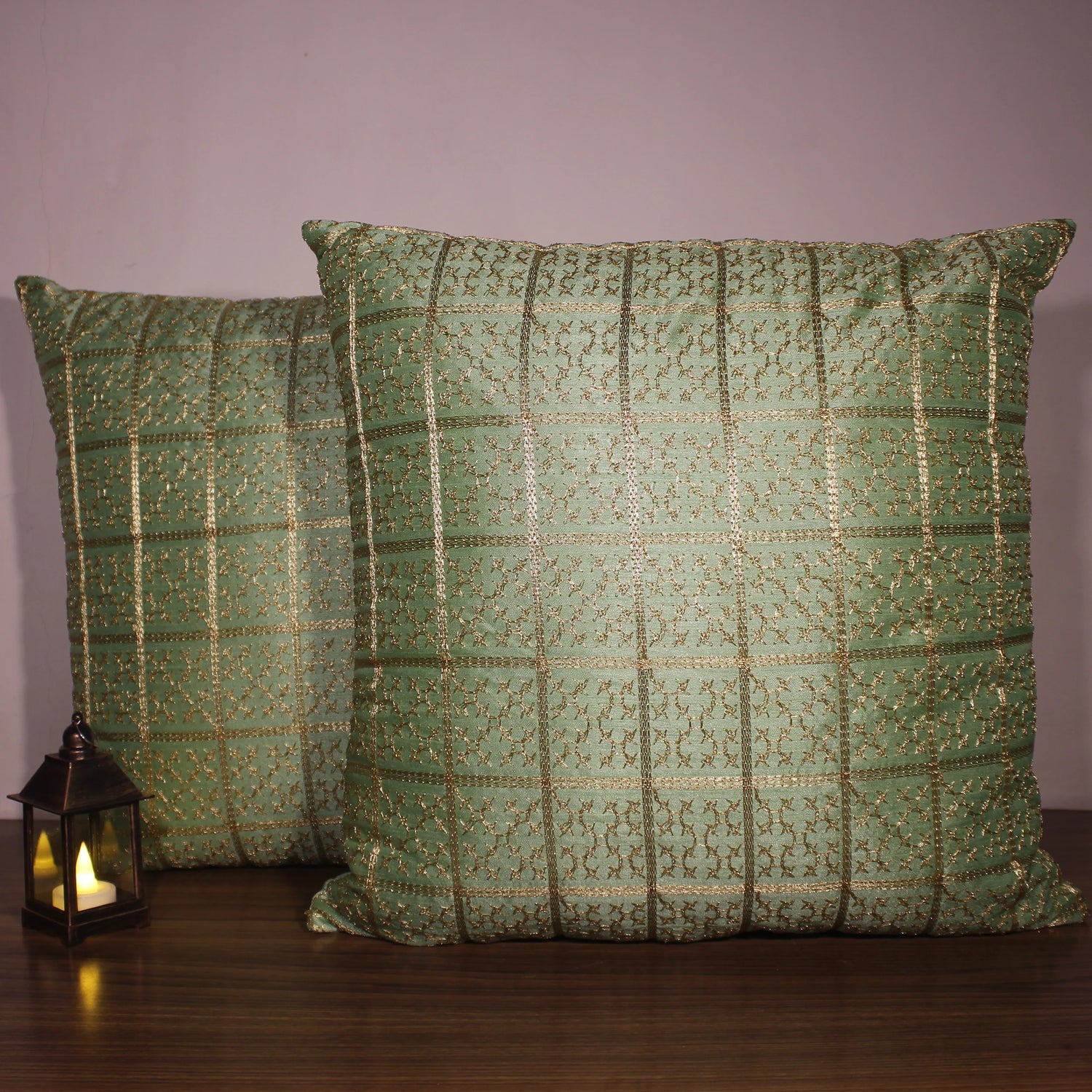 BYFT Orchard Cushion Cover 18 x 18 inch (Golden Checks Design - Green) 45 x 45 cm Luxury Decorative Cushion Cover for Sofa, Bed & Living Room - Set of 02