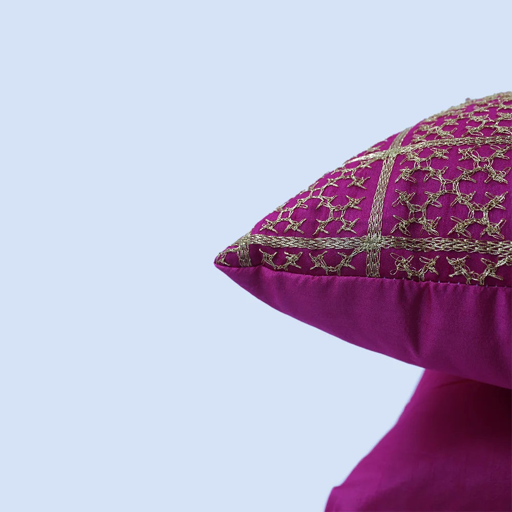 BYFT Orchard Cushion Cover 18 x 18 inch (Golden Checks Design - Fuchsia Pink) 45 x 45 cm Luxury Decorative Cushion Cover for Sofa, Bed & Living Room - Set of 02