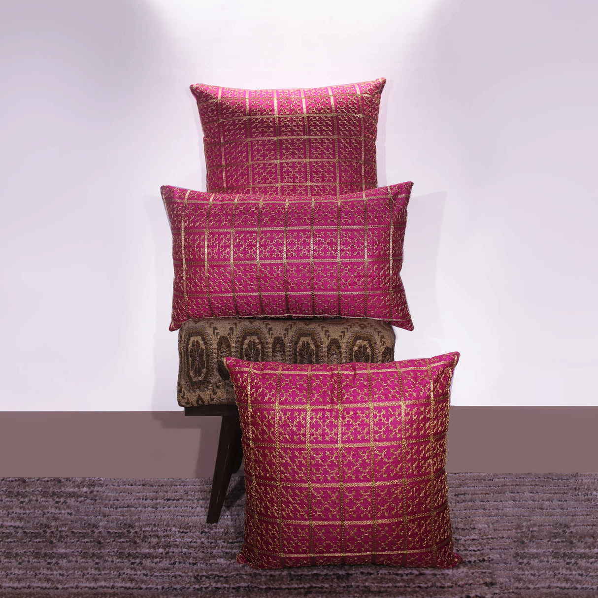BYFT Orchard Cushion Cover 18 x 18 inch (Golden Checks Design - Fuchsia Pink) 45 x 45 cm Luxury Decorative Cushion Cover for Sofa, Bed & Living Room - Set of 02