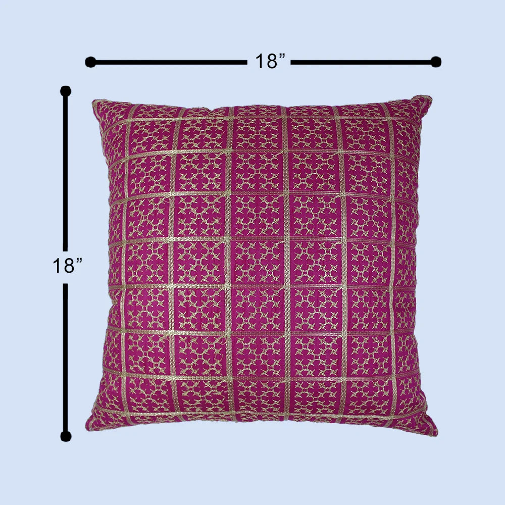 BYFT Orchard Cushion Cover 18 x 18 inch (Golden Checks Design - Fuchsia Pink) 45 x 45 cm Luxury Decorative Cushion Cover for Sofa, Bed & Living Room - Set of 02