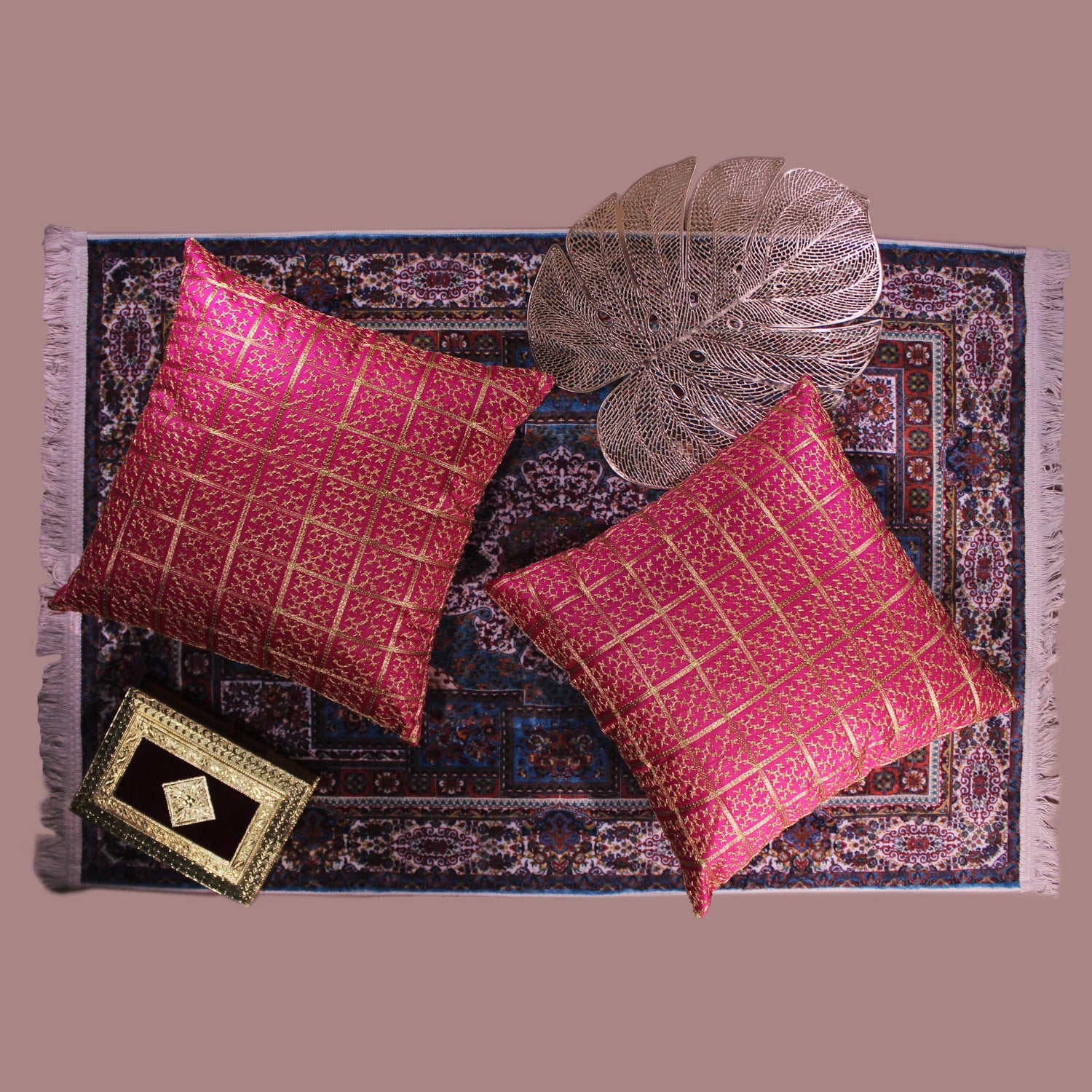 BYFT Orchard Cushion Cover 18 x 18 inch (Golden Checks Design - Fuchsia Pink) 45 x 45 cm Luxury Decorative Cushion Cover for Sofa, Bed & Living Room - Set of 02