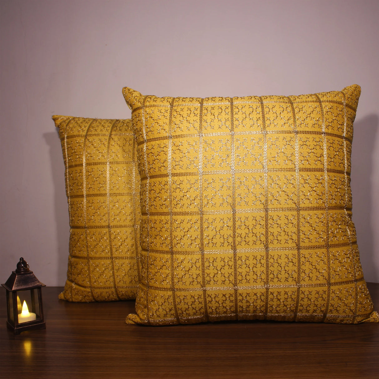 BYFT Orchard Cushion Cover 18 x 18 inch (Golden Checks Design - Yellow) 45 x 45 cm Luxury Decorative Cushion Cover for Sofa, Bed & Living Room - Set of 02