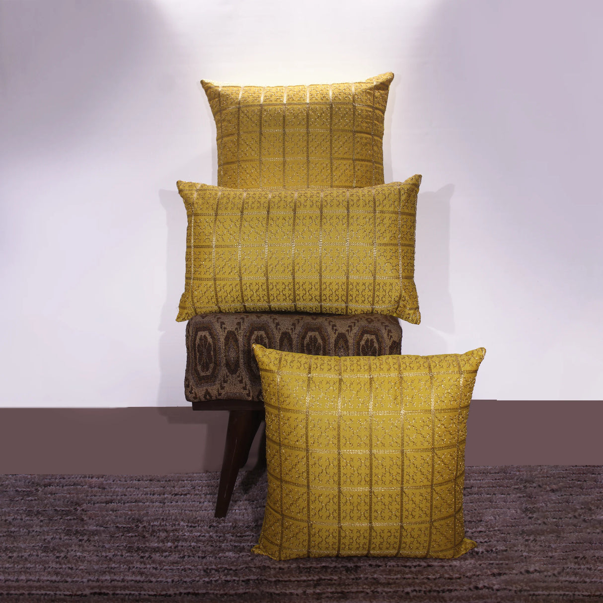 BYFT Orchard Cushion Cover 18 x 18 inch (Golden Checks Design - Yellow) 45 x 45 cm Luxury Decorative Cushion Cover for Sofa, Bed & Living Room - Set of 02