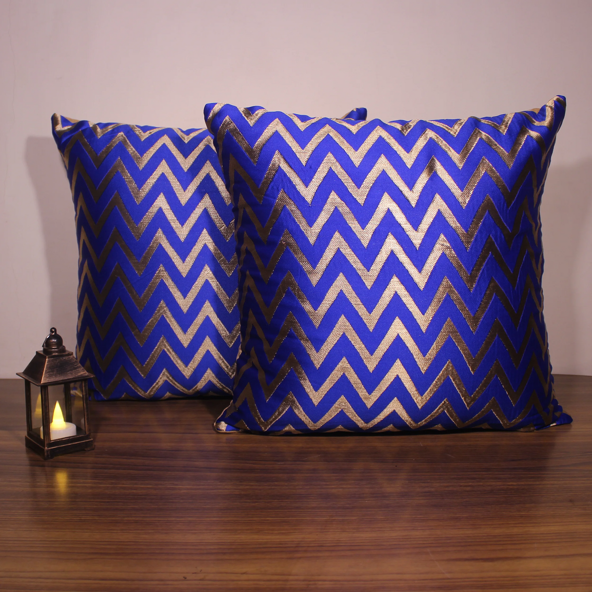 BYFT Orchard Cushion Cover 16 x 16 inch (Zig Zag Design - Royal Blue) 40 x 40 cm Luxury Decorative Cushion Cover for Sofa, Bed & Living Room - Set of 02