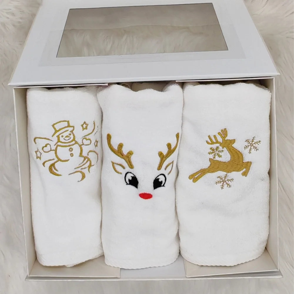 BYFT Embroidered For You Personalised Cotton Hand Towel 50 x 80 Cm - Christmas Trio Set (Snowman, Reindeer Face & Leaping Reindeer with Snowflakes) Design High Quality Embroidery Perfect For Gifting