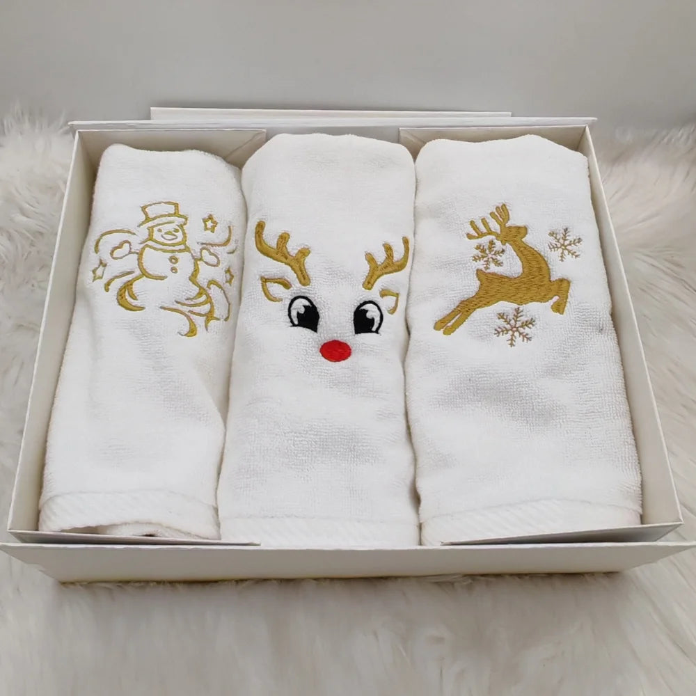 BYFT Embroidered For You Personalised Cotton Hand Towel 50 x 80 Cm - Christmas Trio Set (Snowman, Reindeer Face & Leaping Reindeer with Snowflakes) Design High Quality Embroidery Perfect For Gifting