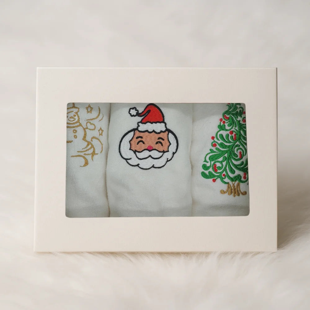 BYFT Embroidered For You Personalised Cotton Hand Towel 50 x 80 Cm - Christmas Trio Set (Snowman, Santa Claus & Christmas Tree) Design High Quality Embroidery Perfect For Gifting