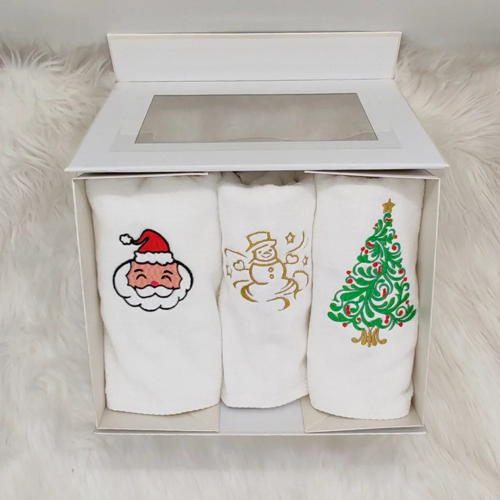 BYFT Embroidered For You Personalised Cotton Hand Towel 50 x 80 Cm - Christmas Trio Set (Snowman, Santa Claus & Christmas Tree) Design High Quality Embroidery Perfect For Gifting