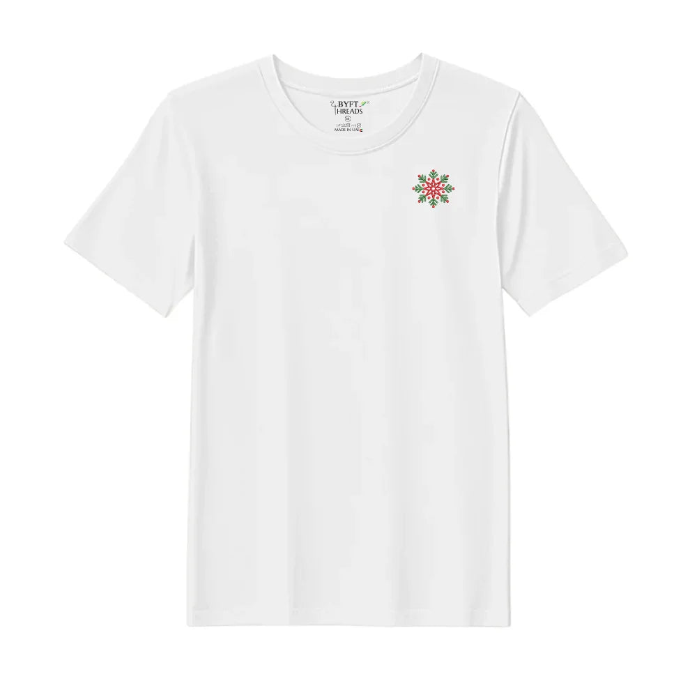 BYFT Threads Embroidered For You Christmas - Festive Red & Green Snowflake Designed T-Shirts