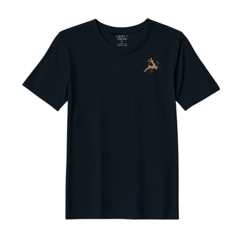 BYFT Threads Embroidered For You Christmas - Leaping Reindeer with Snowflakes Designed T-Shirts