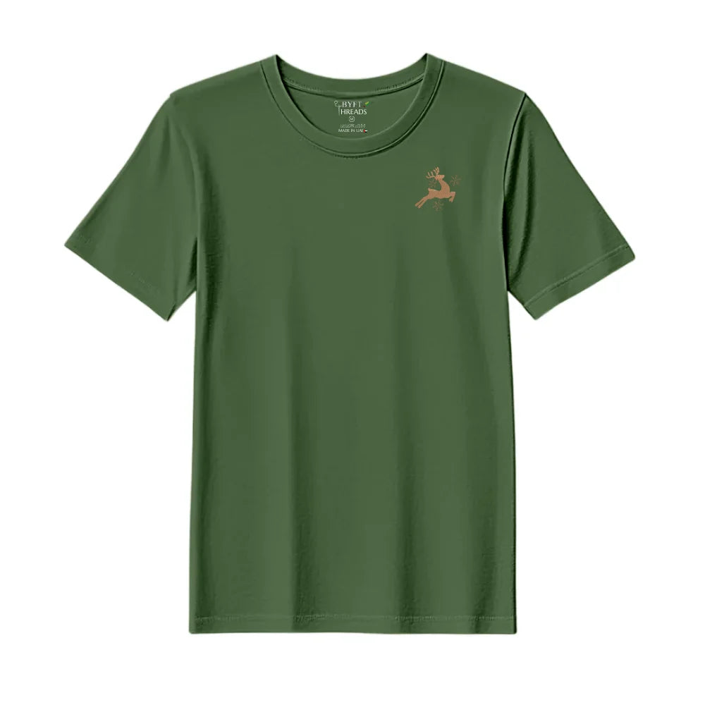 BYFT Threads Embroidered For You Christmas - Leaping Reindeer with Snowflakes Designed T-Shirts