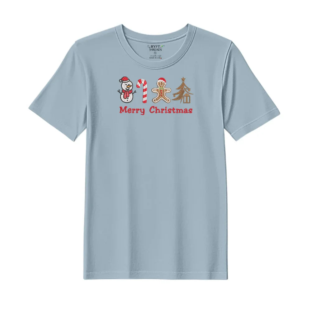BYFT Threads Embroidered For You Christmas - Merry Christmas Icons (Snowman + Candy Cane + Gingerbread + Tree) Designed T-Shirts