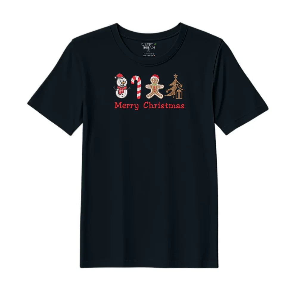 BYFT Threads Embroidered For You Christmas - Merry Christmas Icons (Snowman + Candy Cane + Gingerbread + Tree) Designed T-Shirts