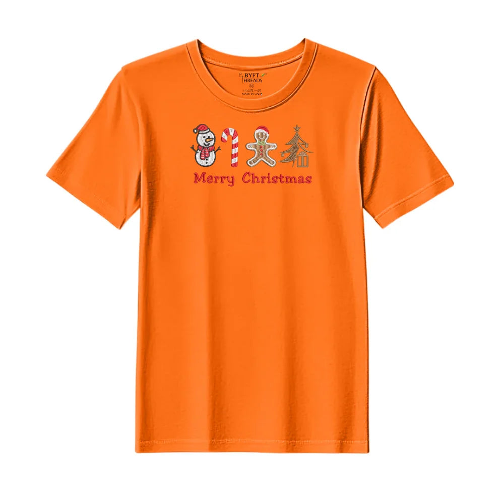 BYFT Threads Embroidered For You Christmas - Merry Christmas Icons (Snowman + Candy Cane + Gingerbread + Tree) Designed T-Shirts