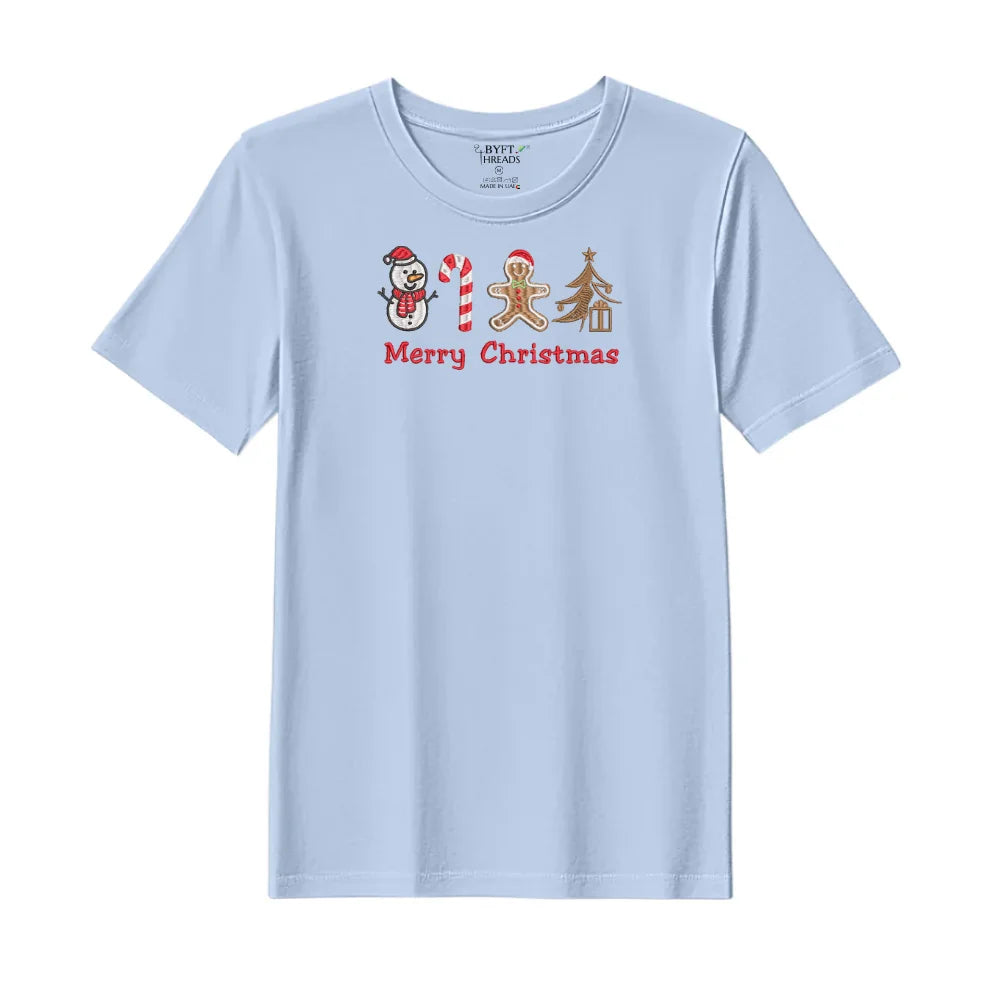 BYFT Threads Embroidered For You Christmas - Merry Christmas Icons (Snowman + Candy Cane + Gingerbread + Tree) Designed T-Shirts