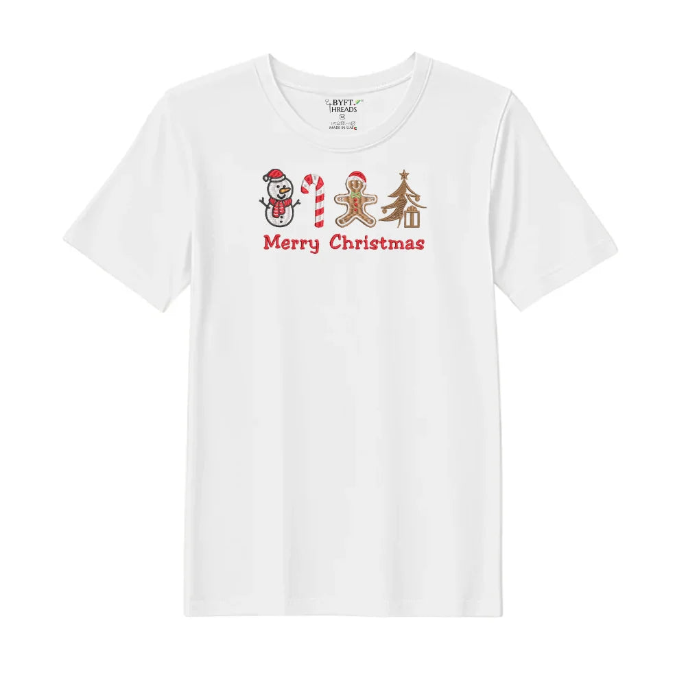 BYFT Threads Embroidered For You Christmas - Merry Christmas Icons (Snowman + Candy Cane + Gingerbread + Tree) Designed T-Shirts