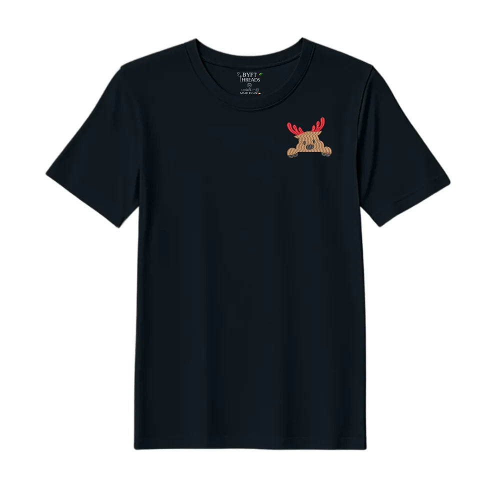 BYFT Threads Embroidered For You Christmas - Peeking Reindeer Designed T-Shirts