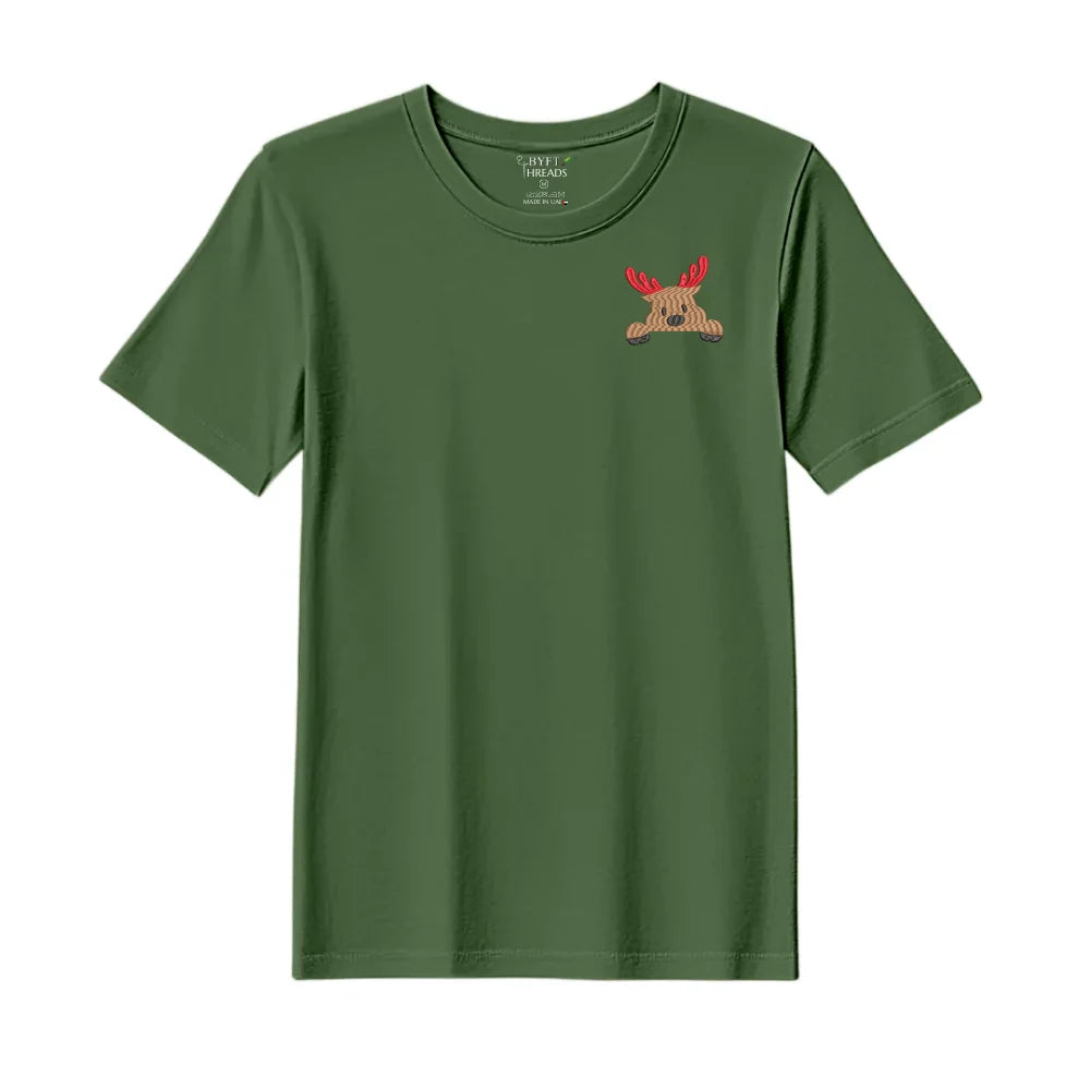 BYFT Threads Embroidered For You Christmas - Peeking Reindeer Designed T-Shirts