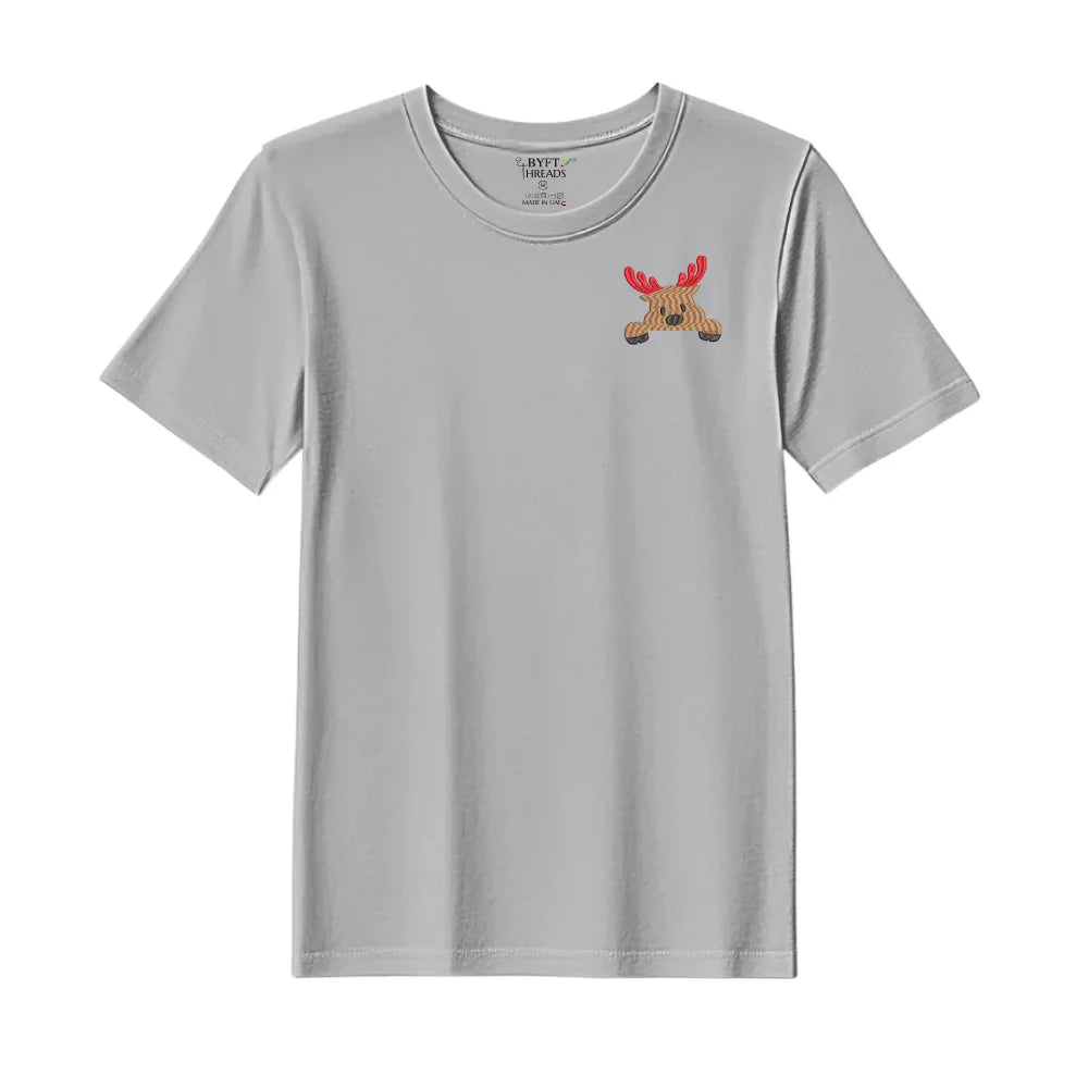 BYFT Threads Embroidered For You Christmas - Peeking Reindeer Designed T-Shirts