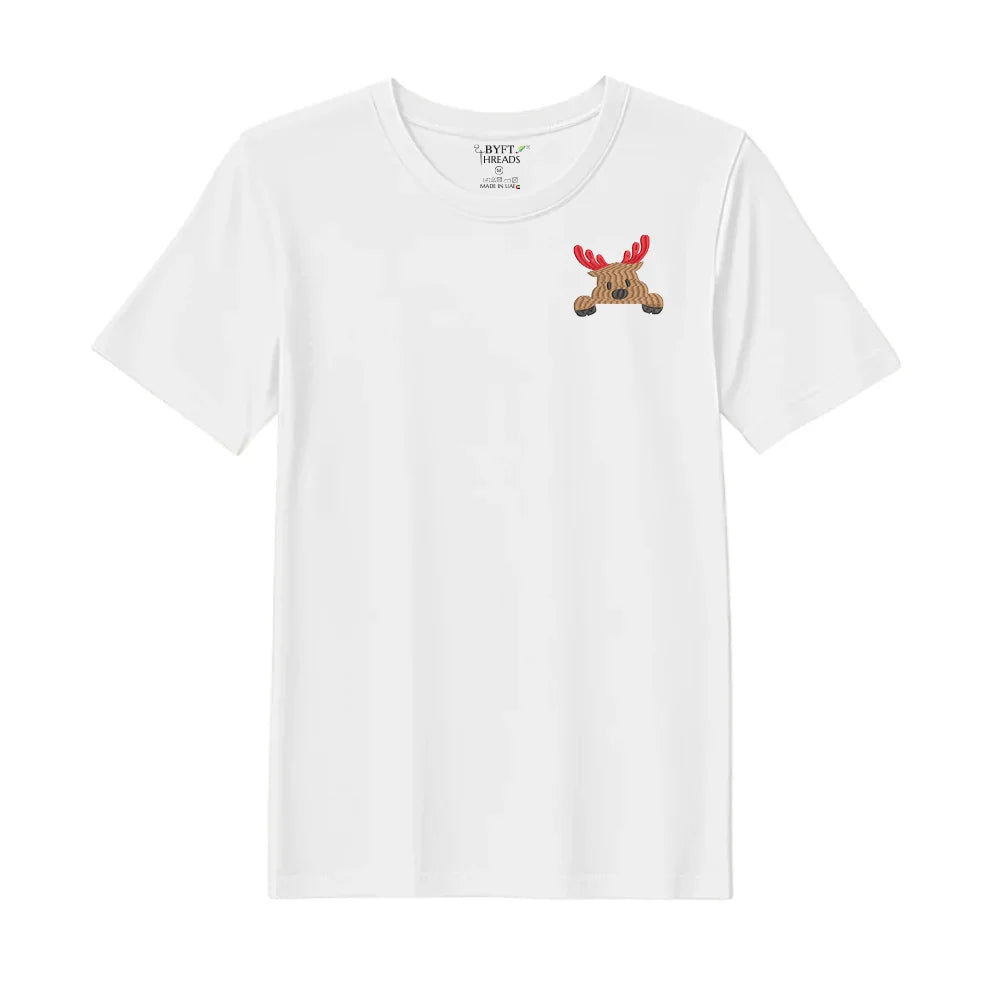 BYFT Threads Embroidered For You Christmas - Peeking Reindeer Designed T-Shirts