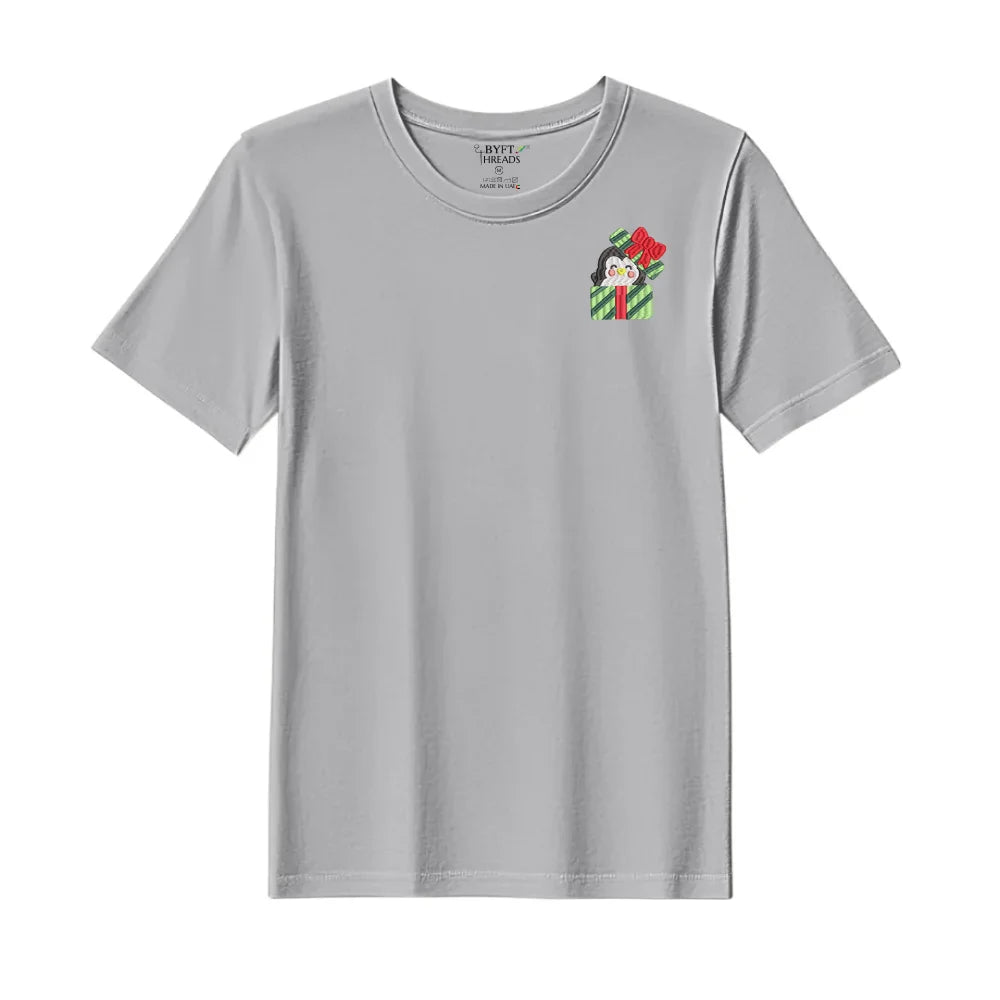 BYFT Threads Embroidered For You Christmas - Penguin Gift Box Designed T-Shirts