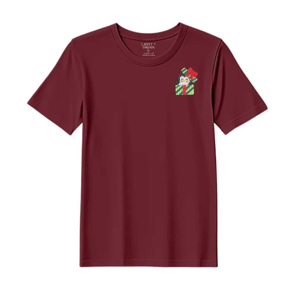 BYFT Threads Embroidered For You Christmas - Penguin Gift Box Designed T-Shirts