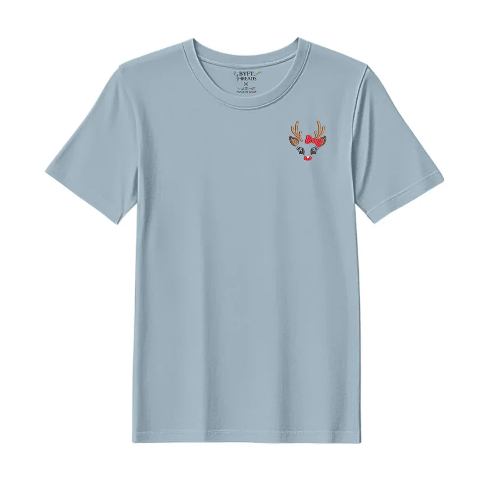 BYFT Threads Embroidered For You Christmas - Reindeer Face with Bow Designed T-Shirts