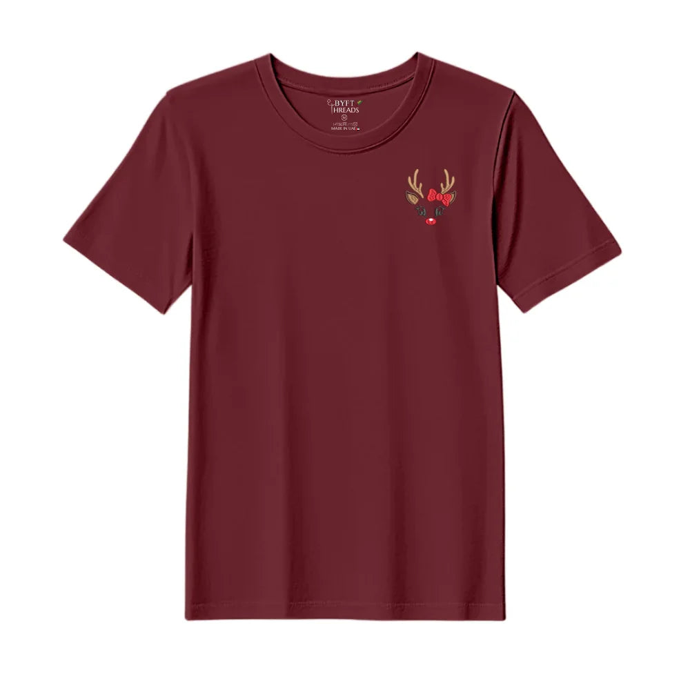 BYFT Threads Embroidered For You Christmas - Reindeer Face with Bow Designed T-Shirts