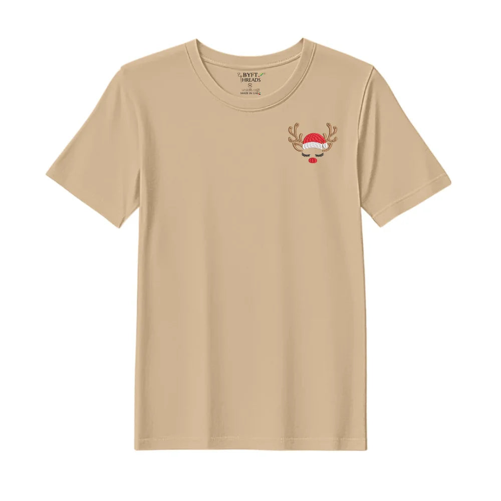 BYFT Threads Embroidered For You Christmas - Sleeping Reindeer Face Designed T-Shirts