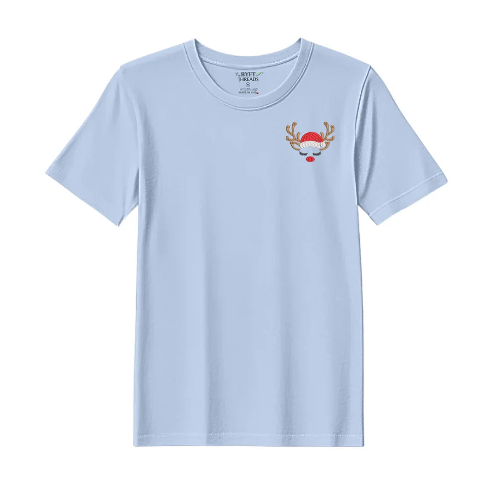 BYFT Threads Embroidered For You Christmas - Sleeping Reindeer Face Designed T-Shirts
