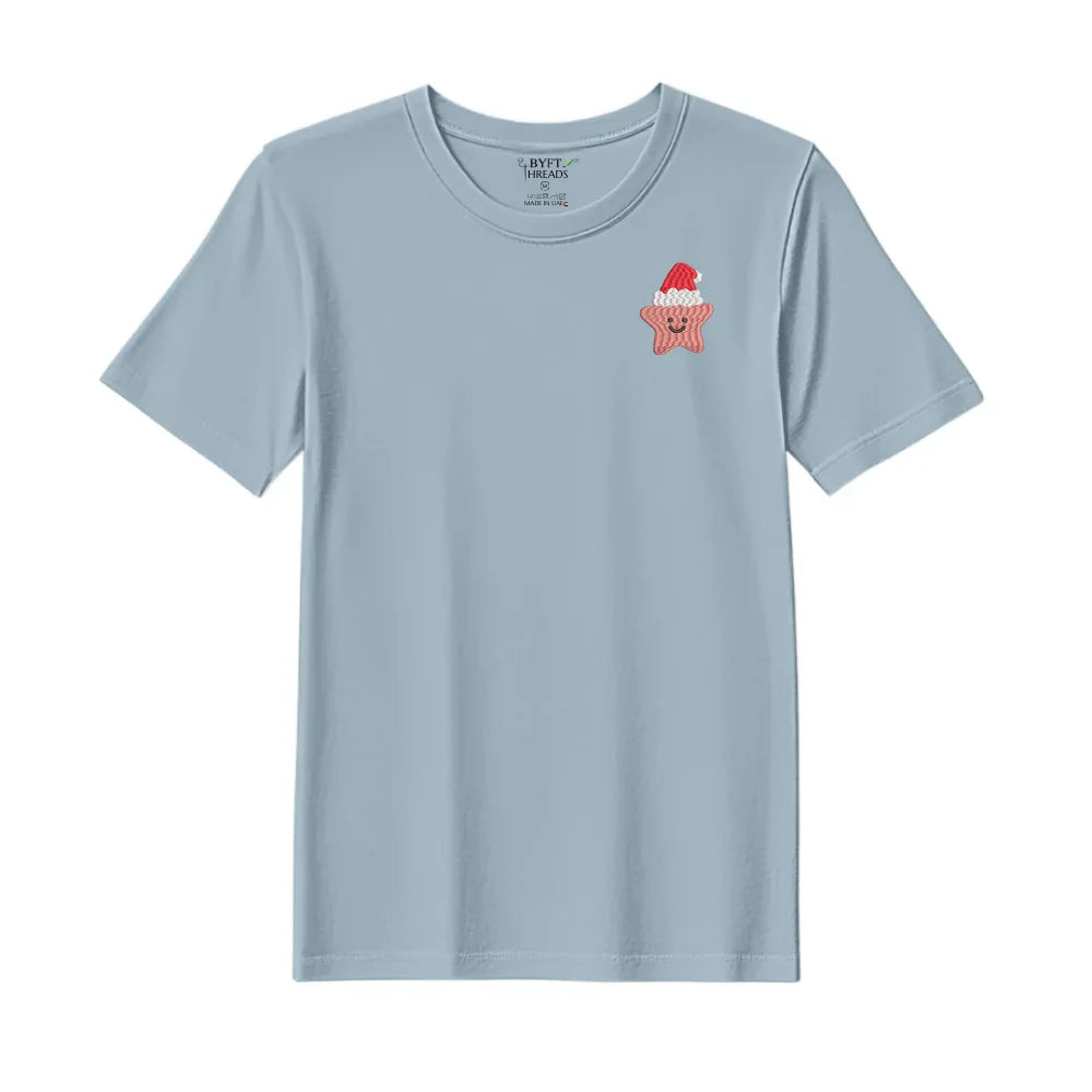BYFT Threads Embroidered For You Christmas - Smiling Christmas Star with Santa Hat Designed T-Shirts