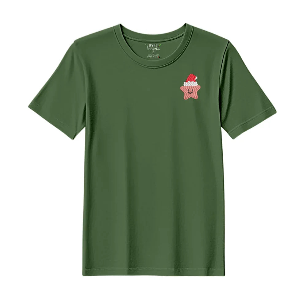 BYFT Threads Embroidered For You Christmas - Smiling Christmas Star with Santa Hat Designed T-Shirts