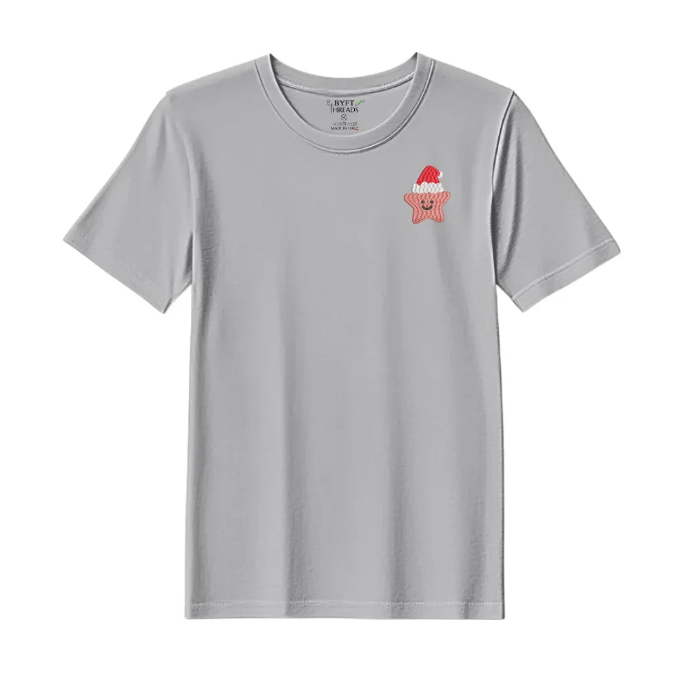 BYFT Threads Embroidered For You Christmas - Smiling Christmas Star with Santa Hat Designed T-Shirts