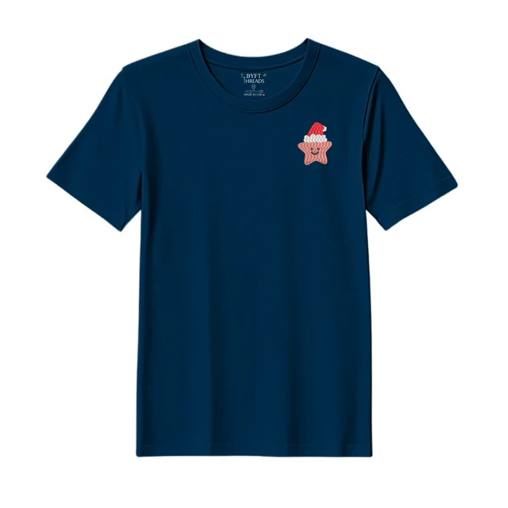 BYFT Threads Embroidered For You Christmas - Smiling Christmas Star with Santa Hat Designed T-Shirts