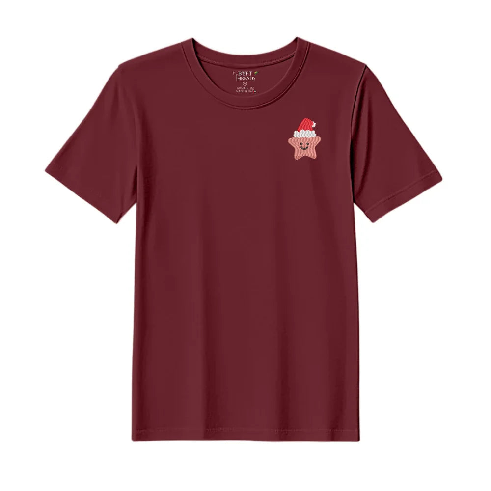 BYFT Threads Embroidered For You Christmas - Smiling Christmas Star with Santa Hat Designed T-Shirts