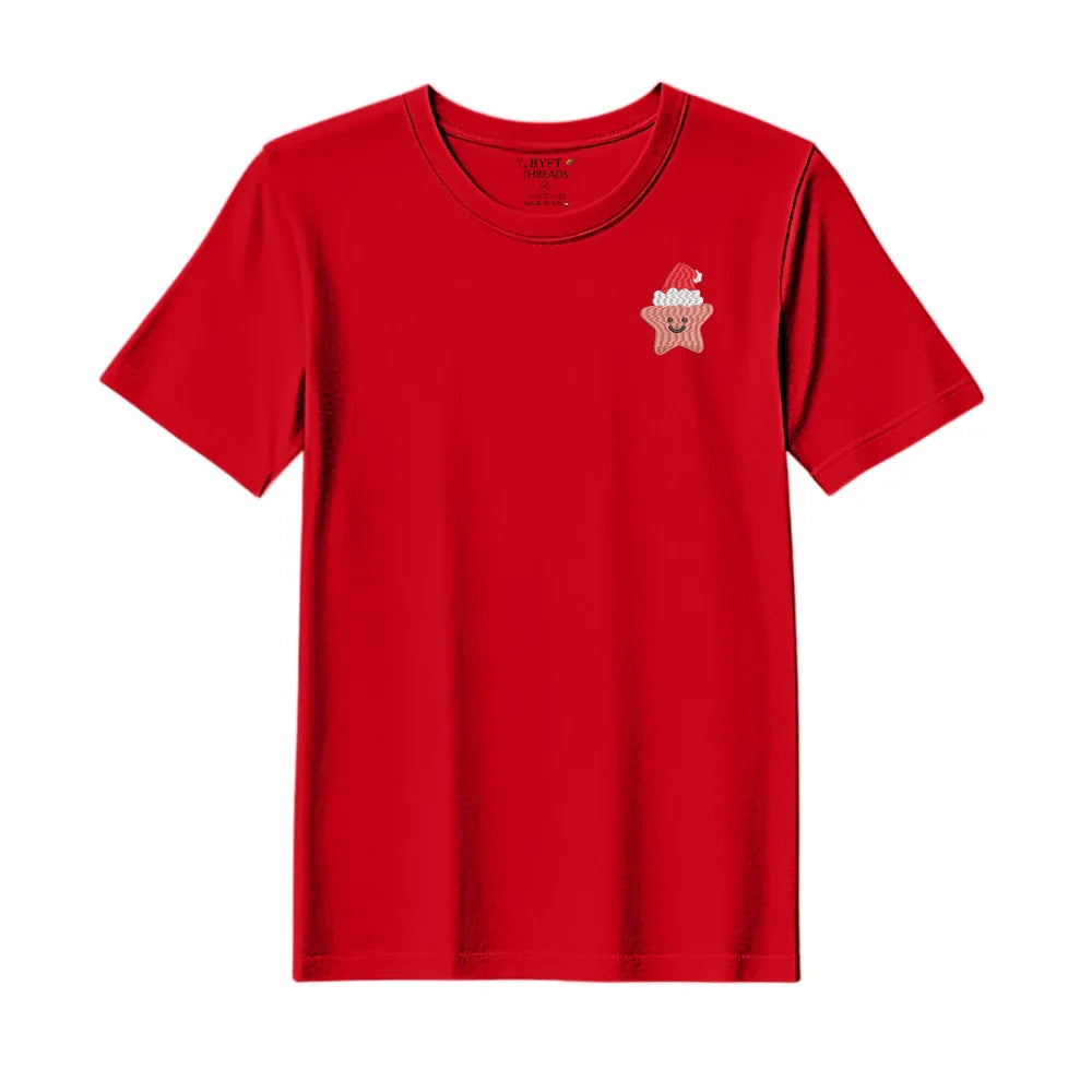 BYFT Threads Embroidered For You Christmas - Smiling Christmas Star with Santa Hat Designed T-Shirts