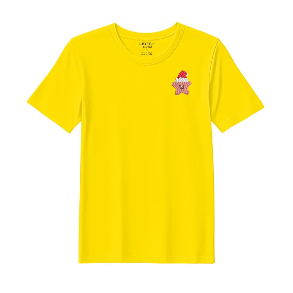 BYFT Threads Embroidered For You Christmas - Smiling Christmas Star with Santa Hat Designed T-Shirts