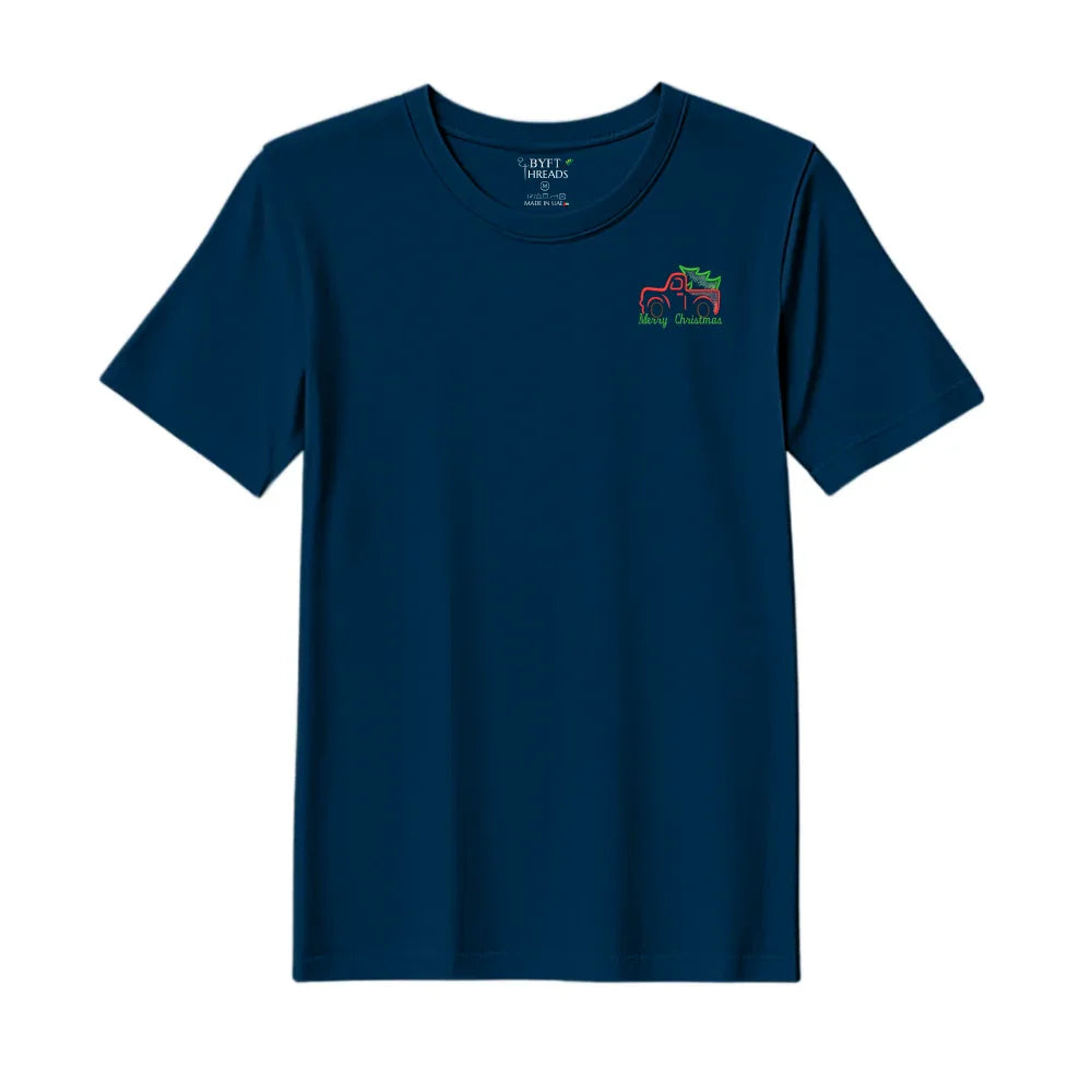 BYFT Threads Embroidered For You Christmas - Vintage Christmas Truck with Tree Designed T-Shirts