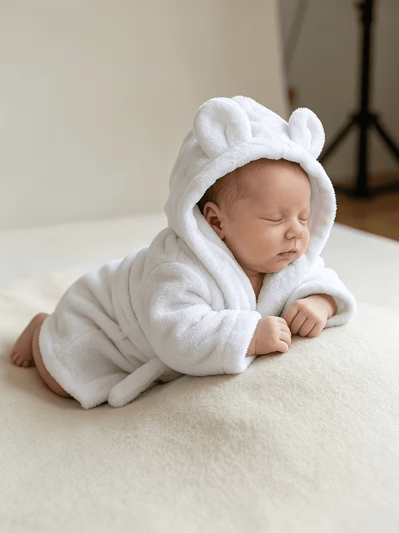 BYFT Daffodil Bear Themed Baby Photography Set Coral Fleece Bathrobe with Hood Rabbit Ears + Waist-Cinching Belt
